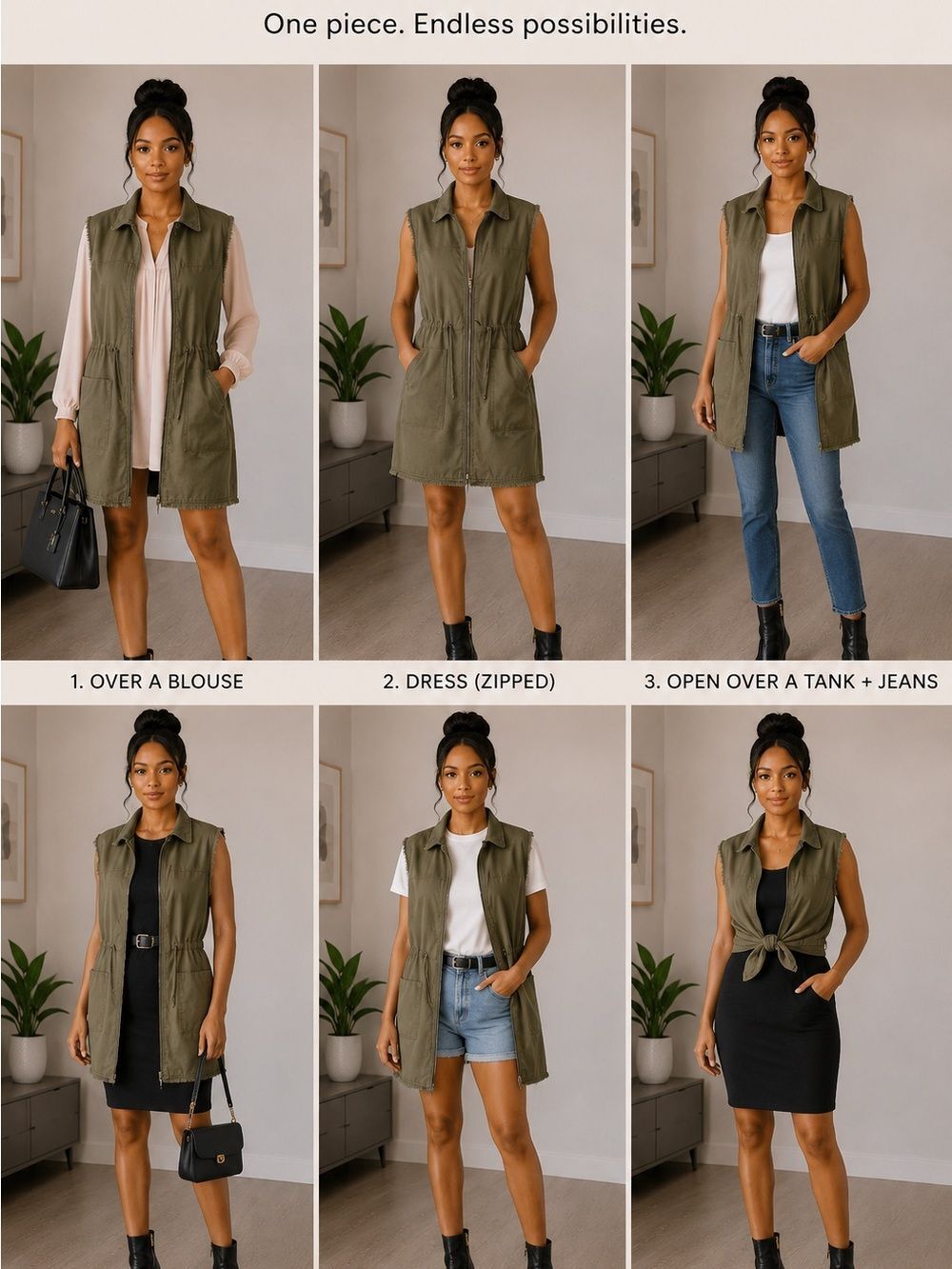 Olive Sleeveless Drawstring Utility Vest Dress